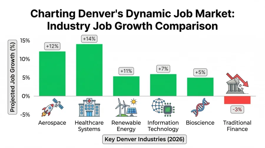 A bar chart comparing 2026 projected job growth across key industries in Denver, Colorado, showing strong upward trends in aerospace and healthcare, and a decline in traditional finance.