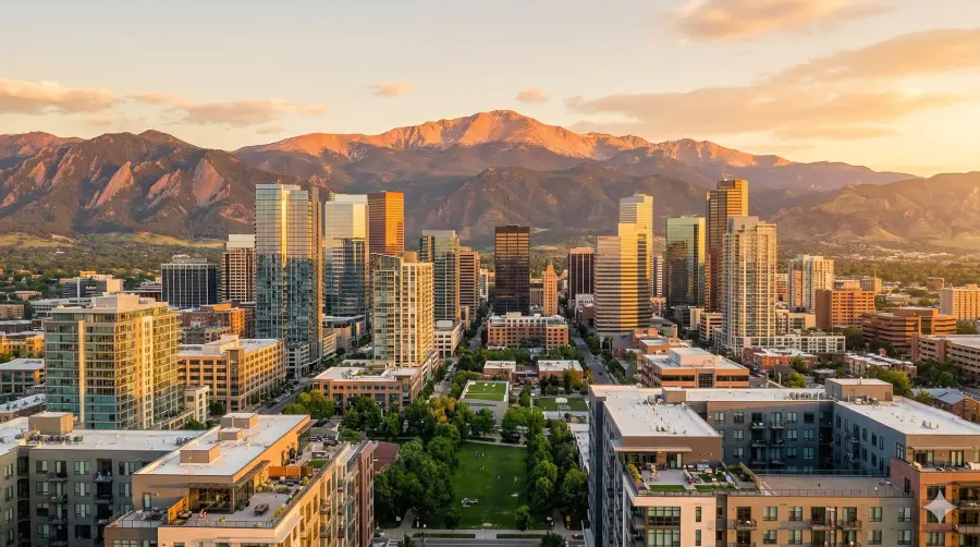 A golden hour view of the Denver metro area skyline and modern apartment buildings nestled against the Rocky Mountains, highlighting the city's sunny weather, green spaces, and vibrant living environment.