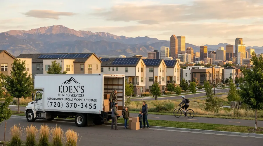 A family unloads boxes from an Eden's Moving Services truck in a modern Denver, Colorado neighborhood, with the downtown city skyline and Rocky Mountains in the background.