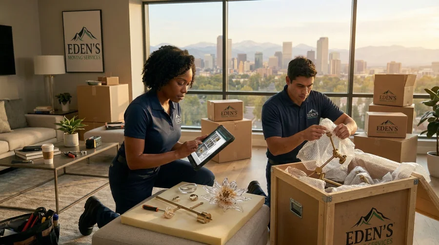 Two professional movers from Eden's Moving Services carefully packing delicate items in a modern Denver, Colorado high-rise apartment, using a digital tablet for inventory management with the downtown skyline and Rocky Mountains visible through the window.