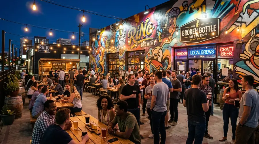 A lively evening scene at a brightly lit brewery patio in Denver's River North (RiNo) district, where a diverse crowd of young professionals and singles are socializing at wooden tables under string lights and colorful street art. This vibrant atmosphere showcases Denver's extensive craft beer scene and lively nightlife, proving there are tons of things to do day or night when exploring the city's local breweries.