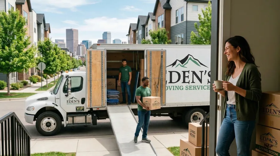 A smiling homeowner with a coffee mug watches as a professional Eden's Moving Services crew, with the brand logo visible on their truck and uniforms, seamlessly unloads boxes in Denver. This stress-free moving day scene proves that choosing professional support makes your Boulder to Denver relocation a smooth adventure, avoiding traffic and anxiety.