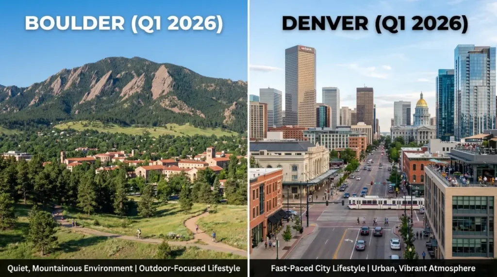 A side-by-side visual comparison of moving from Boulder to Denver in 2026, showing a quiet, mountainous area with the Flatirons on the left and a fast-paced city lifestyle with the downtown Denver, Colorado skyline on the right.