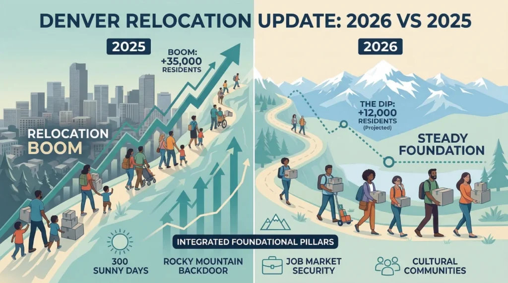 A data infographic titled 'Denver Relocation Update: 2026 vs 2025,' comparing the steep population boom of 2025 to the stabilized, steady foundation of moving trends in 2026. The graphic illustrates people moving to Colorado supported by foundational pillars like 300 sunny days, job market security, and the Rocky Mountains.