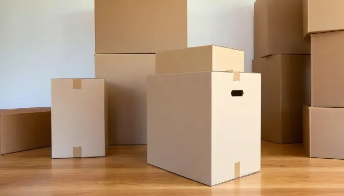Moving boxes of all sizes stacked in a living room floor