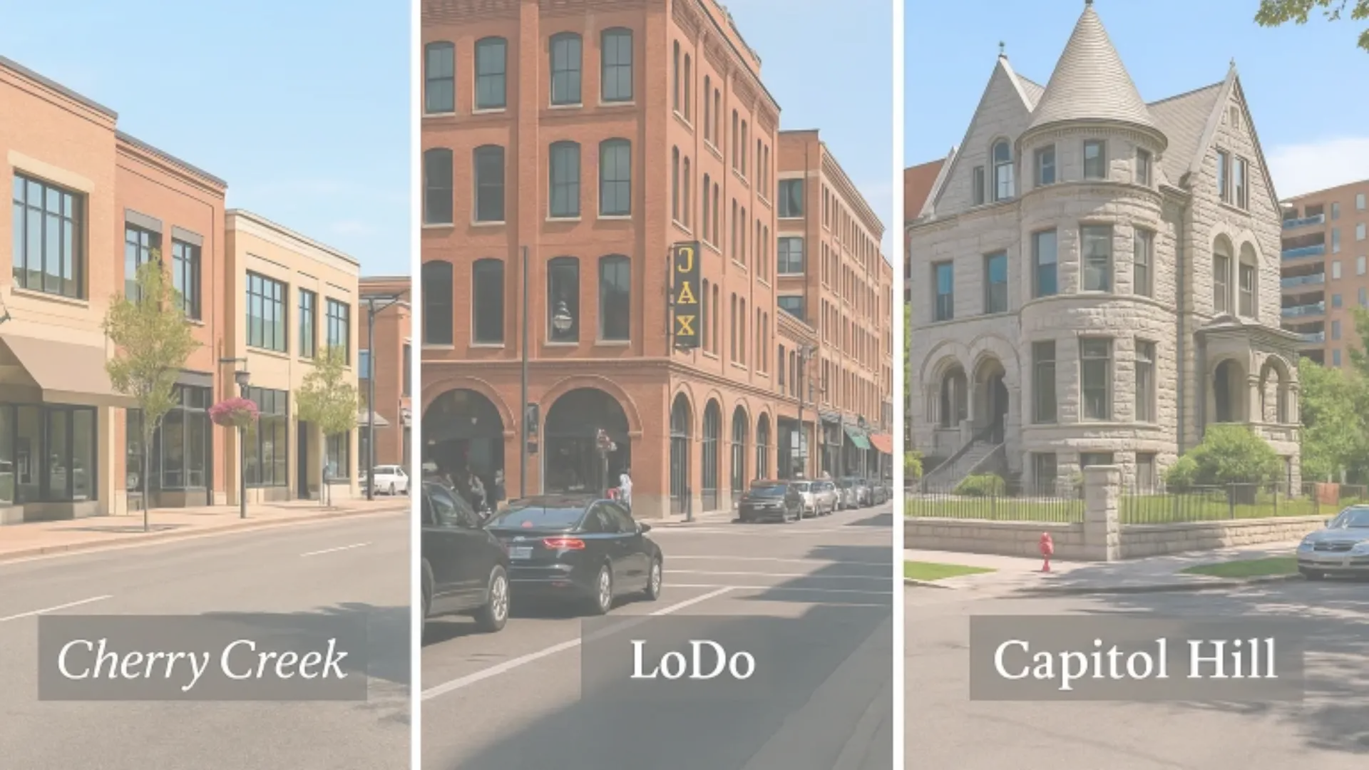 Composite image of Denver’s Cherry Creek, LoDo, and Capitol Hill neighborhoods showing boutique streets, red-brick buildings, and historic homes.