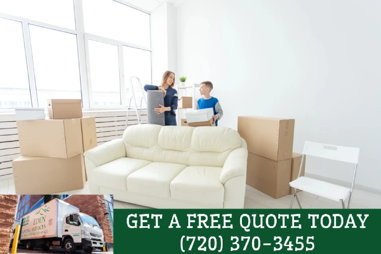 Family preparing for a move with packed boxes and Eden’s Moving Services truck, promoting permit-ready and COI-ready moving quotes in Denver.